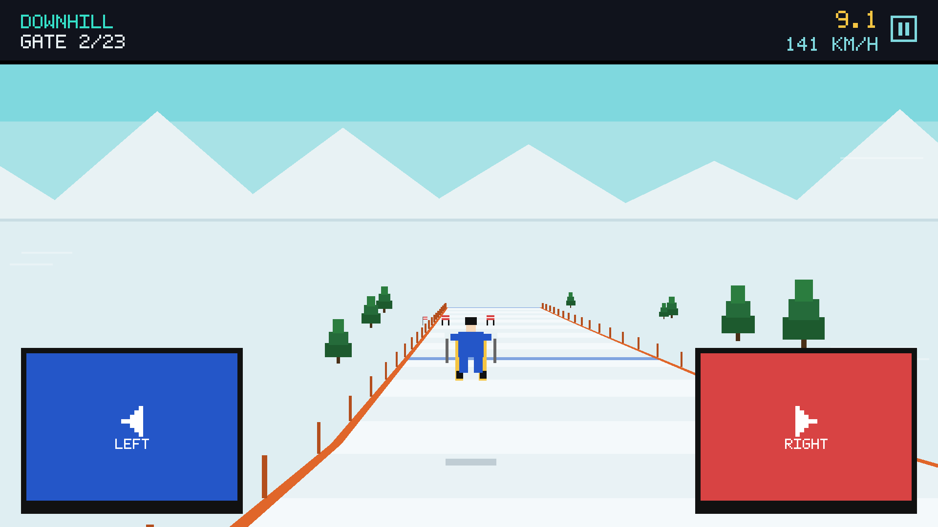 Downhill race in chase-cam view: skier flying off a jump through a finish arch